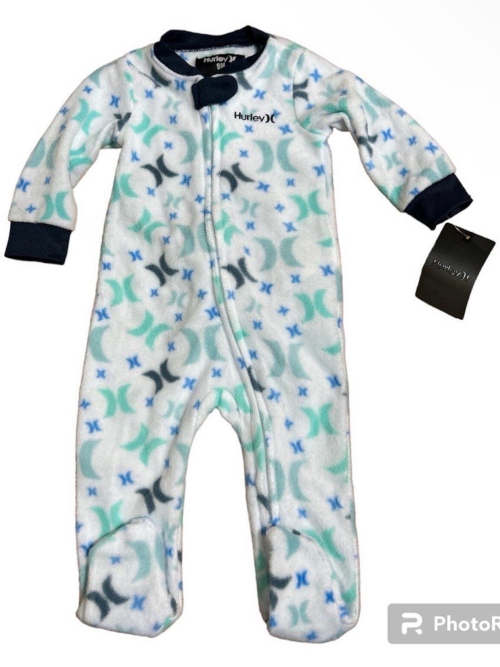 Hurley Baby Boy Fleece Footed Pajamas 9M NWT Blue Teal Logo Sleep and Play